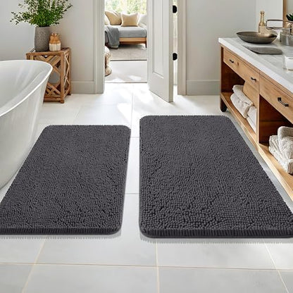 OLANLY Chenille Bathroom Rugs Mats Sets 2 Piece, 36"x24"+30"x20", Dark Grey
