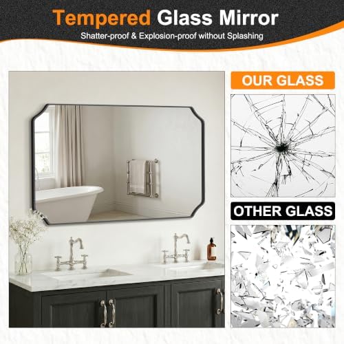 Delma Bathroom Vanity Mirror, Black Framed Aluminum Bathroom Mirror for Over Sink, Scalloped Round Corner Wall Mirror, High-Definition Vanity Mirror, Hangs Horizontally or Vertically (40x28,Black)
