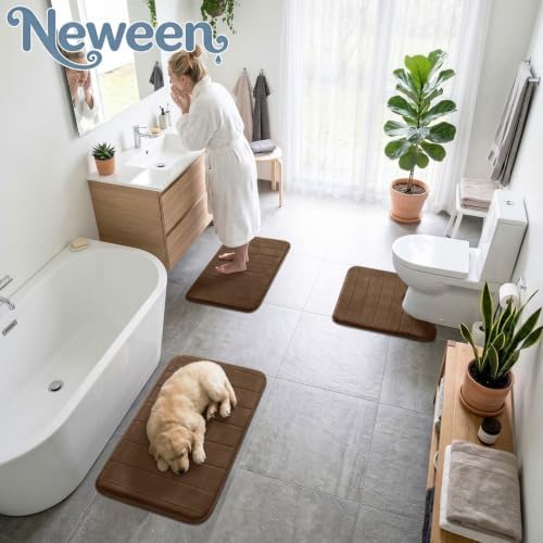 Neween Bathroom Rugs Set 3 Piece, Absorbent Memory Foam Bath Mat, Brown
