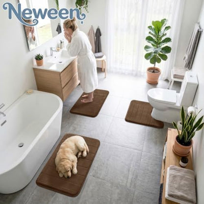 Neween Bathroom Rugs Set 3 Piece, Absorbent Memory Foam Bath Mat, Brown