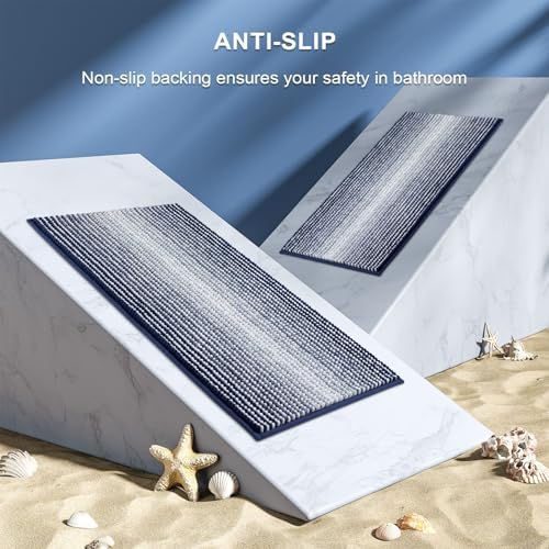 BSICPRO Bathroom Rugs Sets 2 Piece, Non Slip Striped Bath Mats,Navy