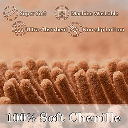 Champagne Chenille Bath Rug Set - 2 Piece Non-Slip Absorbent Shaggy Rugs, Bathtub Mat, Washable Bathroom Carpet for Tub, Shower, Washroom - 32x20 + 24x16 Inch