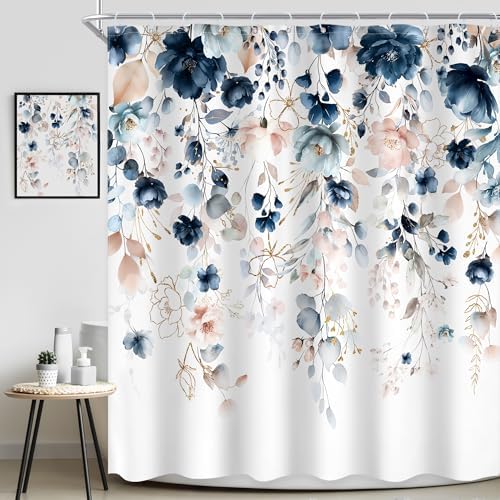 Extra Long Flower Spring Blue Pink Bathroom Shower Curtain Set