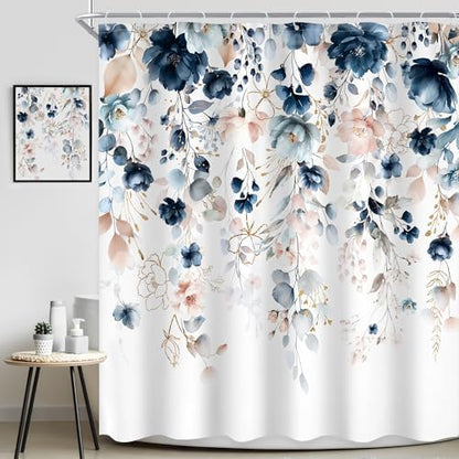 Extra Long Flower Spring Blue Pink Bathroom Shower Curtain Set