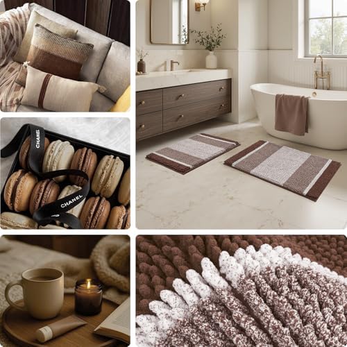 HOMEIDEAS Brown Bathroom Rugs Set of 2, Striped Chenille, 20"x32"+17"x24"