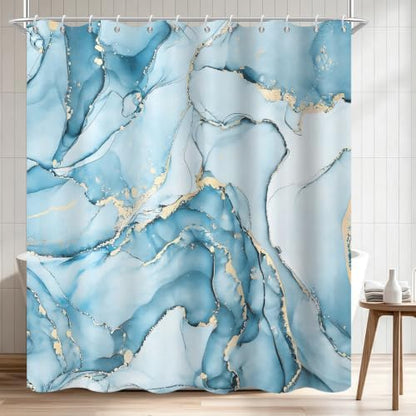 Aqua Blue Marble Shower Curtain Modern Abstract Luxury Gold Ink Texture Ombre Watercolor Bathroom Curtain Set with Hooks Soft and Lightweight Waterproof Fabric Machine Washable 66" WX72 L