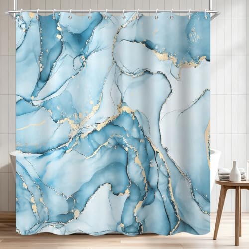 Aqua Blue Marble Shower Curtain Modern Abstract Luxury Gold Ink Texture Ombre Watercolor Bathroom Curtain Set with Hooks Soft and Lightweight Waterproof Fabric Machine Washable 72" Wx72 L