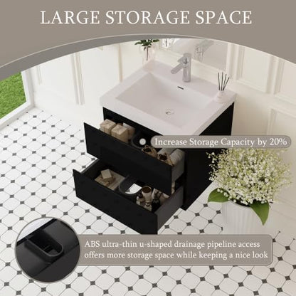 KEIKI 24'' Wall-Mounted Bathroom Vanity with Sink - Floating Design, 2 Soft-Close Drawers & Resin Basin, Space-Saving for Small Bathrooms, Glossy Black