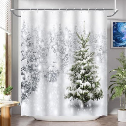 Onalasyc 4-Piece Christmas Shower Curtain Set,Winter Christmas Tree Snowflake Shower Curtains Holiday Bathroom Set with Shower Curtain and Rugs Waterproof Durable Fabric Bathtub Sets Home Decor,White