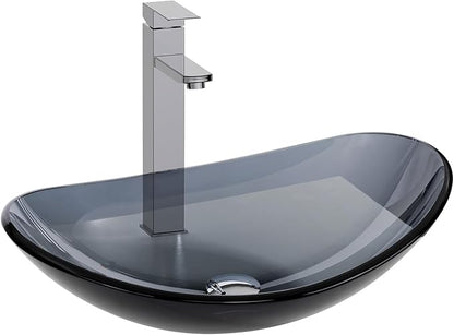 Bathroom Boat Shape Artistic Glass Vessel Sink Free Chrome Faucet and Pop-up Drain Set, Bluish Grey