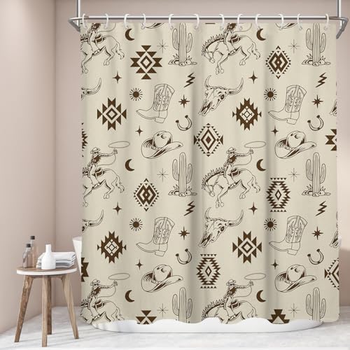 Western Cowboy Shower Curtain, 60x72 Inch, Beige Aztec Horse Cactus Pattern, Rustic Southwestern Tribal Desert Decor, Vintage Country Fabric with 12 Hooks