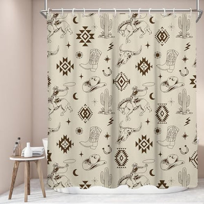 Western Cowboy Shower Curtain, 60x72 Inch, Beige Aztec Horse Cactus Pattern, Rustic Southwestern Tribal Desert Decor, Vintage Country Fabric with 12 Hooks