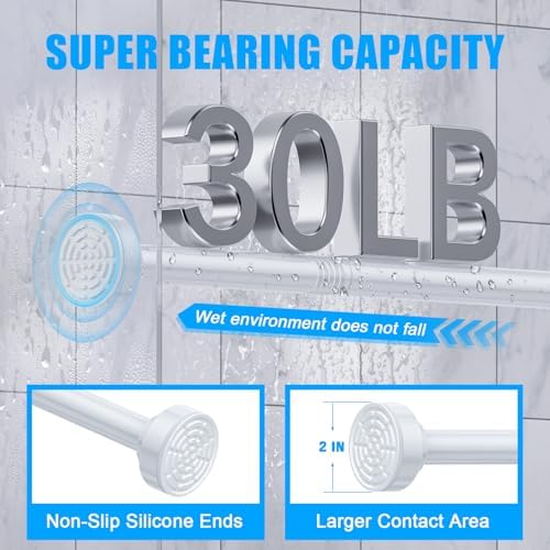 TEECK Shower Curtain Rod, 32-80 inch Adjustable Spring Tension Curtain Rod, Never Rust Anti-Slip Shower Curtain Rod for Bathroom, No Drilling, Never Collapse, Easy to Use, White