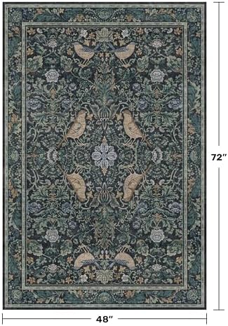 Vintage 4x6 Washable Entryway Rug, Blue & Green Floral Bird Woodland Rug, Non-Slip Low Pile Stain Resistant Carpet for Kitchen, Bedroom, Small Living Room