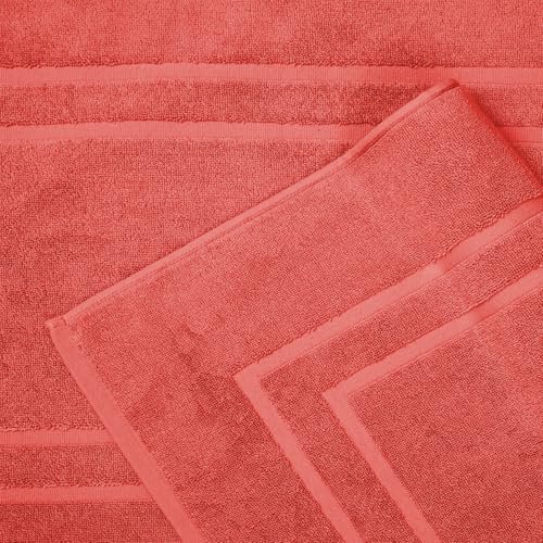 Feather & Stitch 2 Piece Towel Like Bath Mats (30x21 Inch) 100% Cotton Terry Bath Mat, Bathroom Shower Floor Mat [NOT A Bathroom Rug], Soft Absorbent Washable Mats - Coral