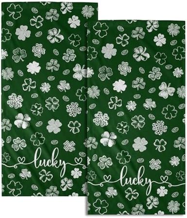 Lucky Clover Shamrocks Hand Towels 2 Pcs, 14x28 Inch Green St. Patrick's Day Absorbent Soft Tea Towels Quick Dry Dish Towel for Holiday Kitchen Bathroom Home Hotel Decorations