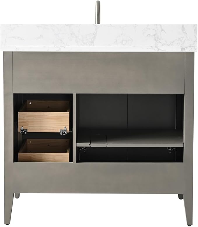 Vanity Art 36 inch Bathroom Vanity with Single Sink & Ceramic Top, Vanity Cabinet with Soft-Closing Door, Solid Wood Frame, Linear Pattern, Driftwood Gray, VA9136-DG-MB,Matte Black Handles