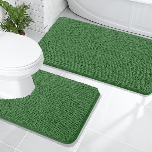 OLANLY Chenille Bathroom Rugs Sets 2 Piece, 47"x20"+24"x20", Olive Green