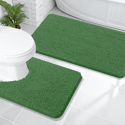 OLANLY Chenille Bathroom Rugs Sets 2 Piece, 47"x20"+24"x20", Olive Green