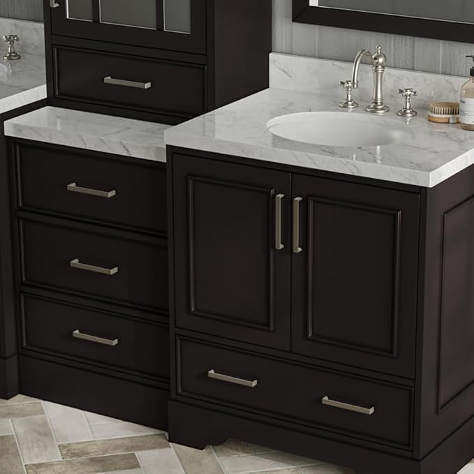 ARIEL Stafford 84-inch Bathroom Vanity with Sink,Solid Wood, 1.5-inch Italian Carrara Marble Countertop & Backsplash, Double Oval Porcelain Sink, 5 Soft Closing Doors, 6 Dovetail Drawers, Espresso
