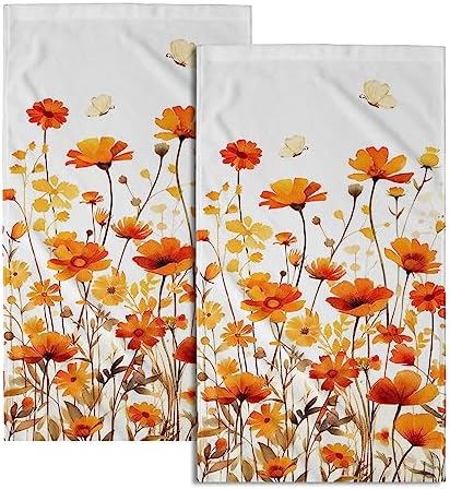 Fall Floral Hand Towels Set of 2, 28 x 14 Inch Autumn Orange Wildflowers Leaves Plant Bathroom Towel Soft Absorbent Kitchen Hotel Spa Gym Towel Thanksgiving Decor Gifts