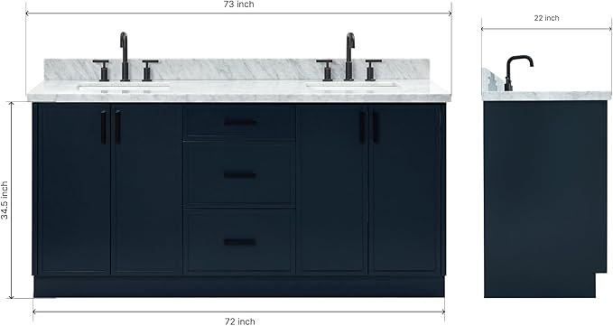 ARIEL Kelly 72-inch Bathroom Vanity with Sink,Solid Wood, 1.5-inch Italian Carrara Marble Countertop, Double Rectangular Porcelain Sink, 4 Soft Closing Doors, 5 Dovetail Drawers, Midnight Blue