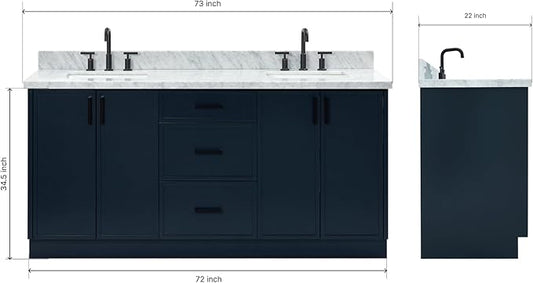 ARIEL Kelly 72-inch Bathroom Vanity with Sink,Solid Wood, 1.5-inch Italian Carrara Marble Countertop, Double Rectangular Porcelain Sink, 4 Soft Closing Doors, 5 Dovetail Drawers, Midnight Blue