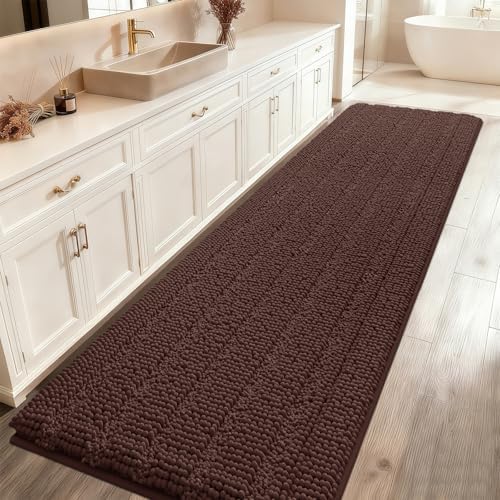 ACCUMTEK Striped Brown Bathroom Rug Mat 48"x17" Ultra Soft, Non Slip Chenille Bath Rugs, Absorbent Plush Shaggy Bath Mats for Bathroom, Bedroom, Kitchen, Shower, Tub