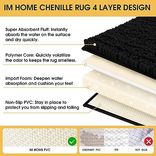 ACCUMTEK Extra Long Upgrade Luxury Black Bathroom Rug Mat 70"x24", Ultra Soft Thick Absorbent Bath Mats, Non Slip Chenille Toilet Mat for Bathroom, Bedroom, Kitchen, Shower, Tub