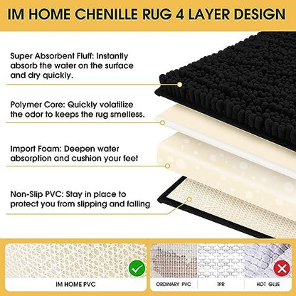 ACCUMTEK Upgrade Luxury Black Bathroom Rug Mat 59"x20", Ultra Soft Thick Absorbent Bath Mats, Non Slip Chenille Toilet Mat for Bathroom, Bedroom, Kitchen, Shower, Tub