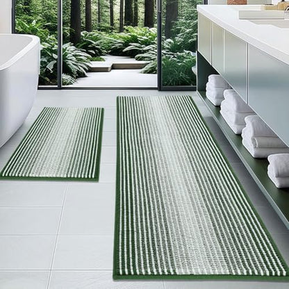 BSICPRO Bathroom Rugs Sets 2 Piece, Non Slip Striped Bath Mat, Hunter Green