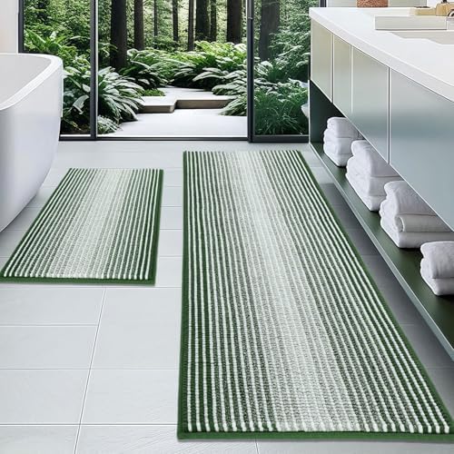 BSICPRO Bathroom Rugs Sets 2 Piece, Non Slip Striped Bath Mat, Hunter Green