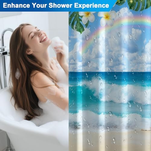 Summer Rainbow Beach Ocean Shower Curtain with Weighted Bottom, Tropical Coastal Waves Waterproof Decorative Shower Curtain, Machine Washable Fabric Shower Curtains with 12 Hooks, 72x72 Inch