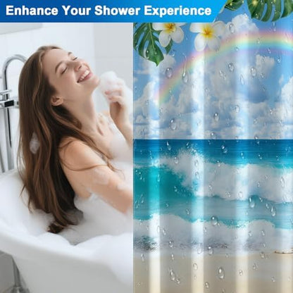 Summer Rainbow Beach Ocean Shower Curtain with Weighted Bottom, Tropical Coastal Waves Waterproof Decorative Shower Curtain, Machine Washable Fabric Shower Curtains with 12 Hooks, 72x72 Inch