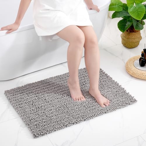 Disolla Grey Bathroom Rug 20x32 Inch - Luxury Chenille Bath Mat, Thick Shaggy Plush Absorbent Rug, Non-Slip Machine Washable Mats for Bathroom Floor & Decor