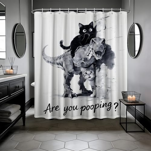 Black Cat Riding Dinosaur Shower Curtain Dino, 60x72 Inchs