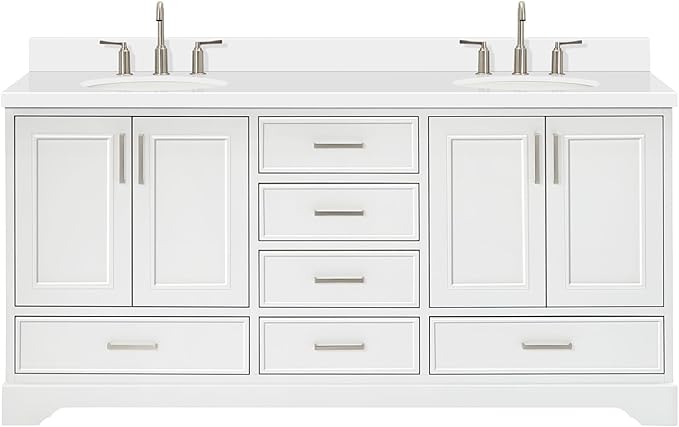 ARIEL Stafford 72-inch Bathroom Vanity with Sink,Solid Wood, 1.5-inch Pure White Quartz Countertop & Backsplash, Double Oval Porcelain Sink, 4 Soft Closing Doors, 6 Dovetail Drawers, White
