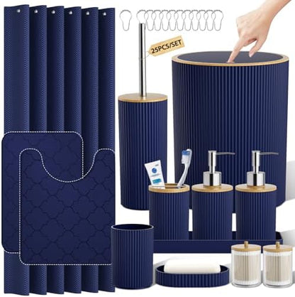 Bathroom Accessories Set 25 PCS, Navy Blue Shower Curtains Set