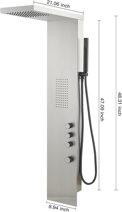 Shower Panel Tower System, Rainfall Shower Head Handheld Shower Wand Multi-Function Shower Panel with Large Area Massage Jets for Home Hotel, Brushed Nickel