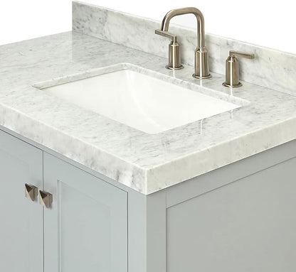ARIEL Cambridge 36-inch Bathroom Vanity with Sink,Solid Wood, 2-inch Italian Carrara Marble Countertop, Single Rectangular Porcelain Sink, 2 Soft Closing Doors, 5 Dovetail Drawers, Grey