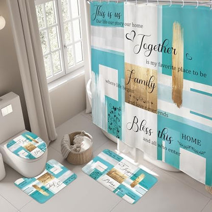 Teal Turquoise Aqua Gold Oil 4Pcs Bathroom Shower Curtain Set with Rugs