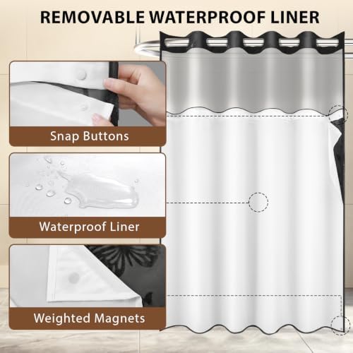 FADOTY No Hook Shower Curtain Snap in Liner Set with Black Butterfly Design
