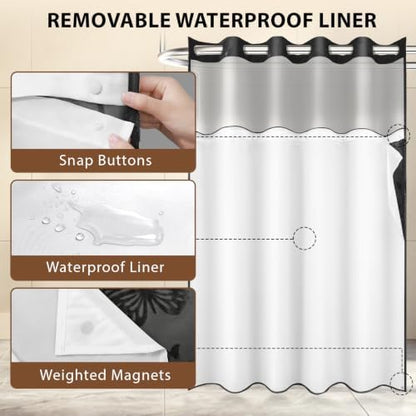 FADOTY No Hook Shower Curtain Snap in Liner Set with Black Butterfly Design