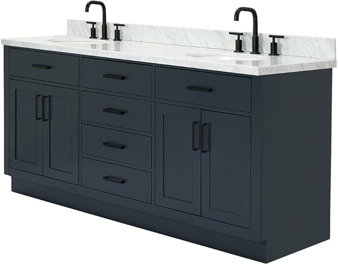 ARIEL Hepburn 72-inch Bathroom Vanity with Sink,Solid Wood, 1.5-inch Italian Carrara Marble Countertop, Double Oval Porcelain Sink, 4 Soft Closing Doors, 6 Dovetail Drawers, Midnight Blue