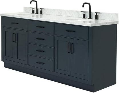 ARIEL Hepburn 72-inch Bathroom Vanity with Sink,Solid Wood, 1.5-inch Italian Carrara Marble Countertop, Double Oval Porcelain Sink, 4 Soft Closing Doors, 6 Dovetail Drawers, Midnight Blue