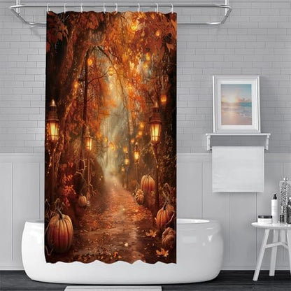 Fall Pumpkins Shower Curtain，Halloween Autumn Thanksgiving Harvest Forest Rural Trail Bathroom Decor，47 x 64 Inch Polyester Fabric Waterproof Bathroom Curtain with Hooks