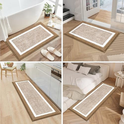 Pauwer Bathroom Rugs 3 Piece Set, Non Slip Washable Bath Mat, Khaki