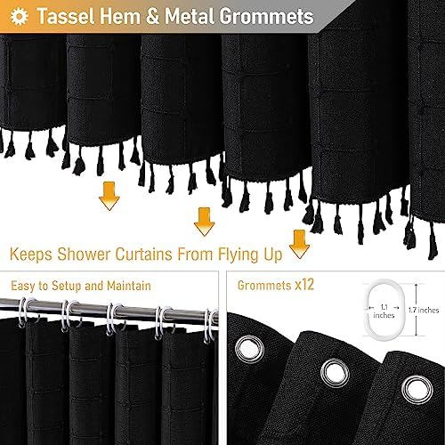 BTTN Extra Long Boho Linen Heavy Duty Fabric Shower Curtain, 72x96, Black