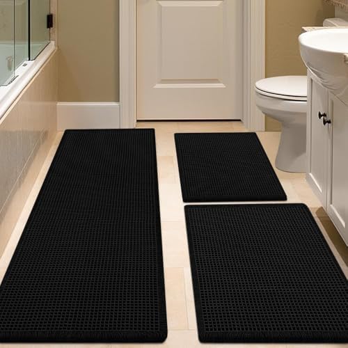 IM HOME Waffle Bath Mat Set 3 Piece Black,Woven Modern Bath Rug Mats, Absorbent Non Slip Bath Floor Mat, Soft Washable Boho Bath Rugs with Tassels for Bathroom, Bedroom, Kitchen,Tub