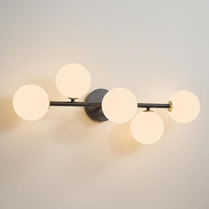 Bathroom Vanity Mirror Light Fixtures: 5 Lights Bath Wall Sconce Lighting - Brass Black Vanity Lights with Milk Glass Shade - Modern Minimalist Makeup Light Fixture Above Mirror for Hallway G9 Base